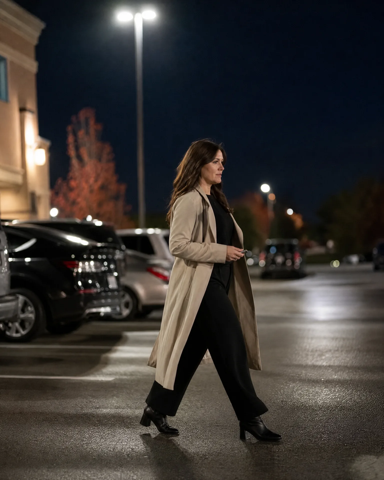 A woman in a long beige trench coat, black top and trousers, and black heeled boots walks across a parking lot at night, with parked cars, a lit lamppost, and an orange-leaved tree behind her.