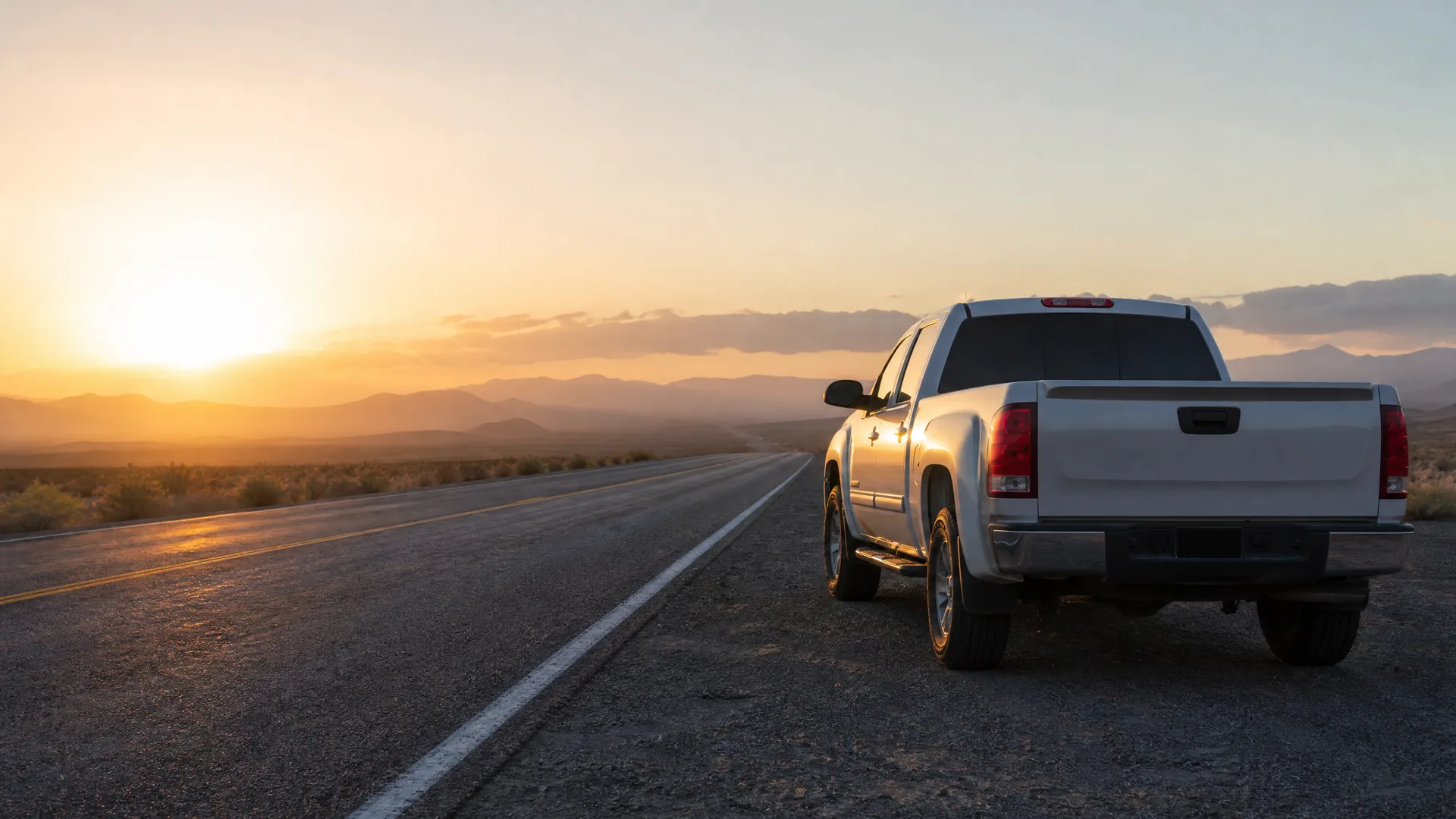 A silver crew-cab pickup truck parked on the gravel shoulder of a two-lane road at sunset, with low desert scrub and distant mountain ranges in the background.