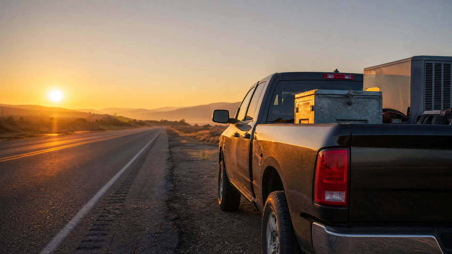 A dark pickup truck loaded with a metal toolbox and equipment parked on the gravel shoulder of a two-lane road at sunrise, with low hills on the horizon.