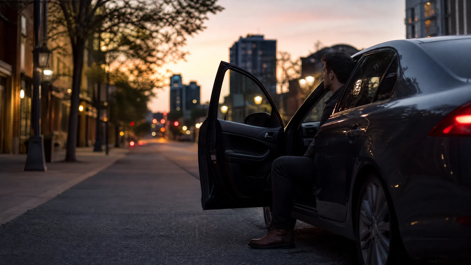 A man sits in the open rear doorway of a dark sedan parked along a city street at dusk, with blurred buildings and streetlights in the background.