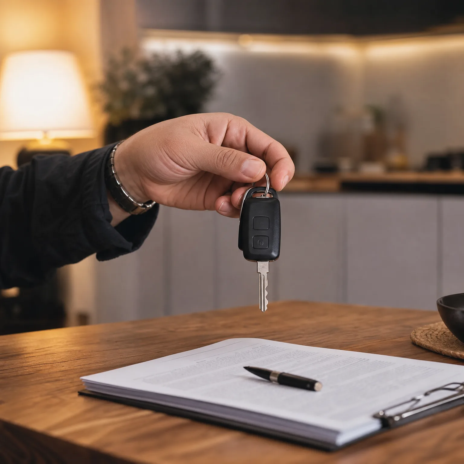 A hand holding a black remote car key over a wooden table where an open document with a pen rests on a clipboard, with a blurred interior and lamp behind.