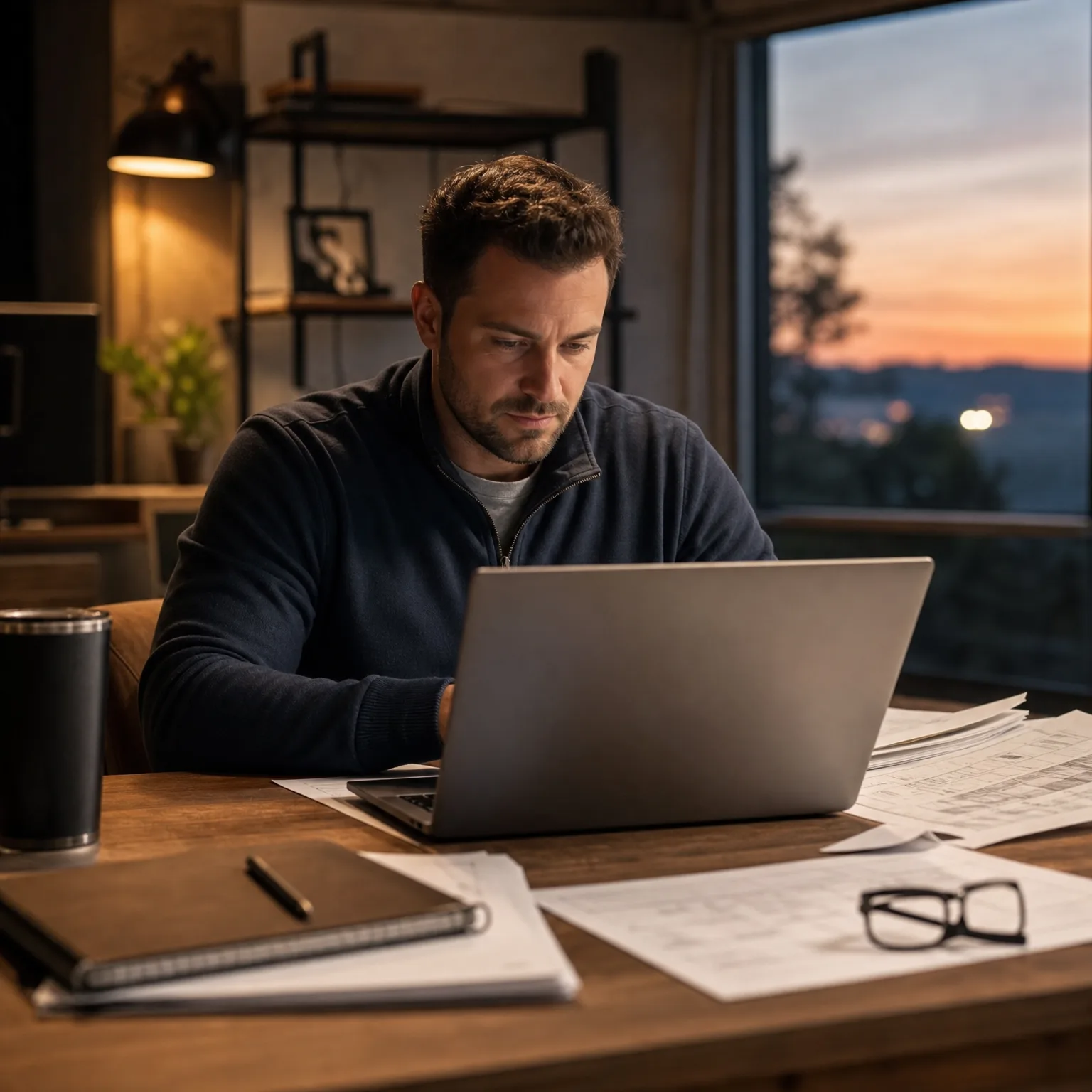 A man in a dark quarter-zip sweater sits at a wooden desk using a laptop, with a notebook, pen, papers, eyeglasses and a tumbler nearby, beside a window showing a dusk sky.