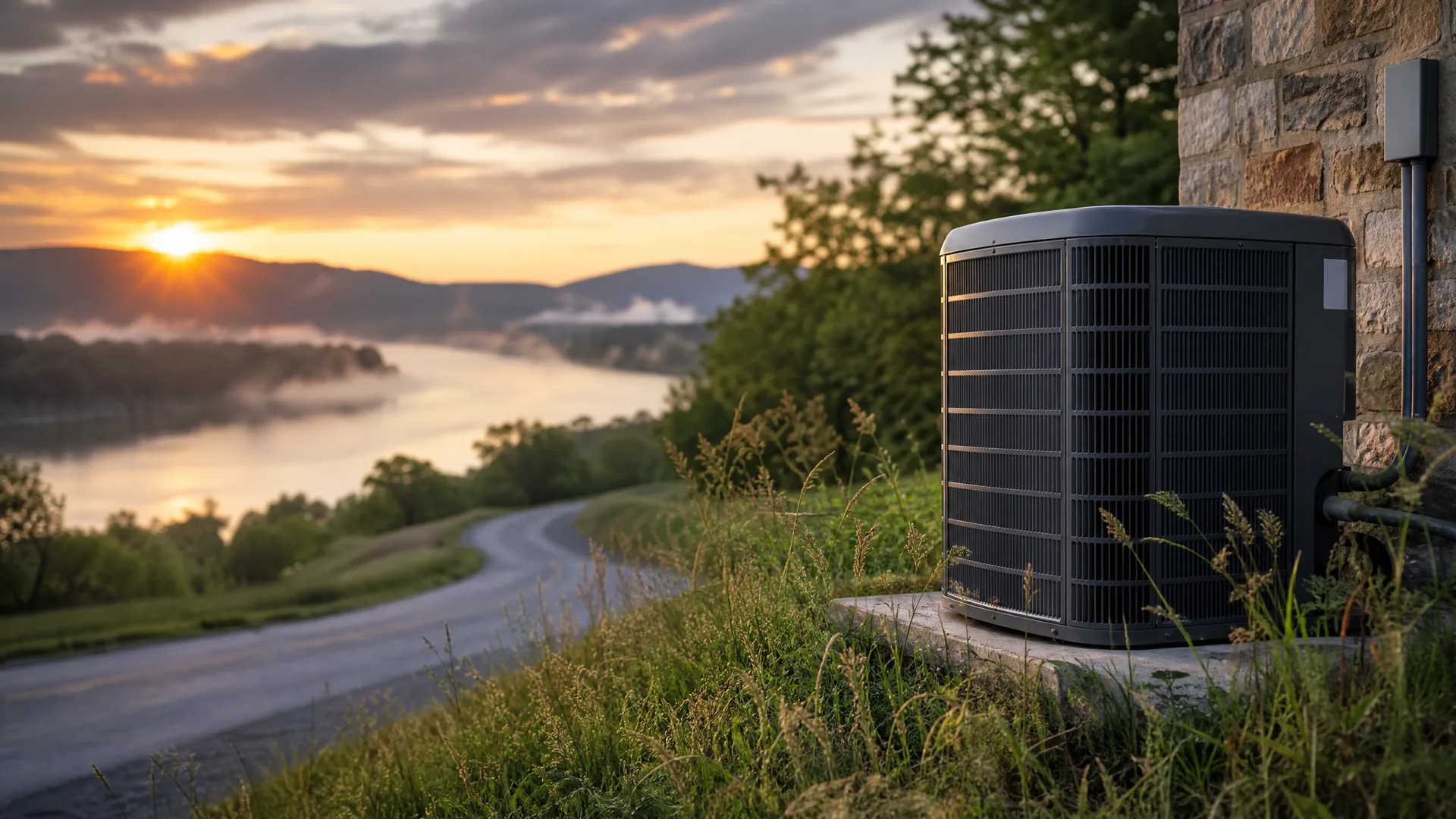 An outdoor air conditioner condenser unit on a concrete pad beside a stone-clad wall, with tall grass, a winding road, a river valley and hills at sunrise in the background.
