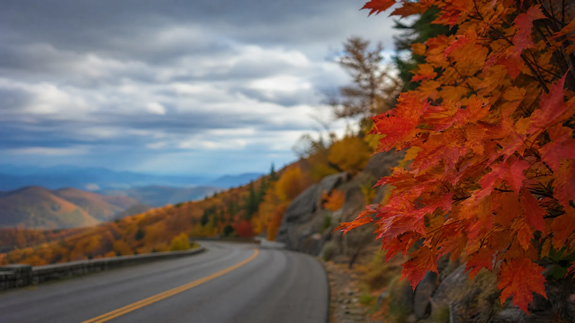 A curving two-lane road with a yellow center line runs along a mountainside under a cloudy sky, with red and orange maple leaves in sharp focus in the right foreground and autumn-colored hills in the distance.