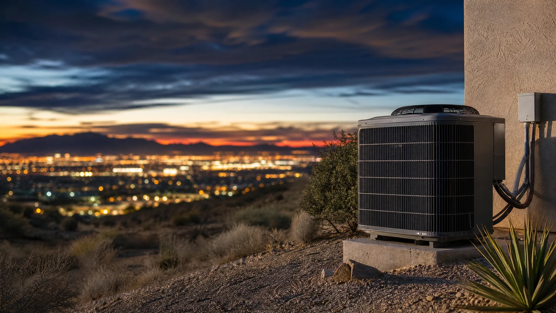 An outdoor air conditioning condenser unit on a concrete pad beside a stucco wall with an electrical disconnect box, overlooking a desert hillside and distant city lights at dusk.