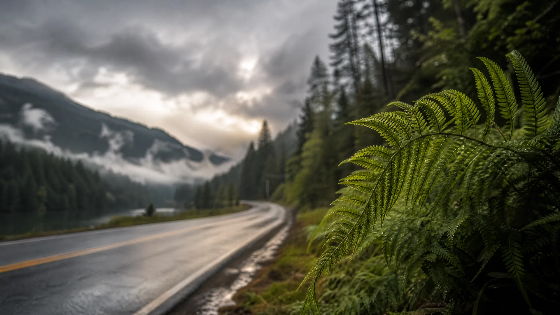 A wet two-lane road curves through a conifer-forested valley with mist on the mountains and a lake at left, with a fern frond in sharp focus in the right foreground under overcast sky.