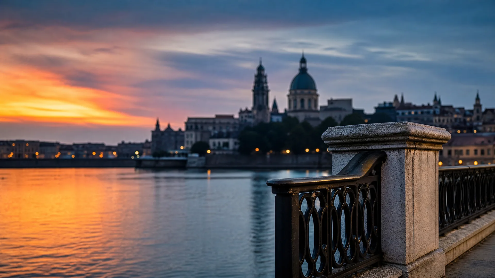 A stone and iron riverside balustrade in the foreground with a calm river reflecting orange sunset light and a blurred skyline of a domed building and tower in the background.