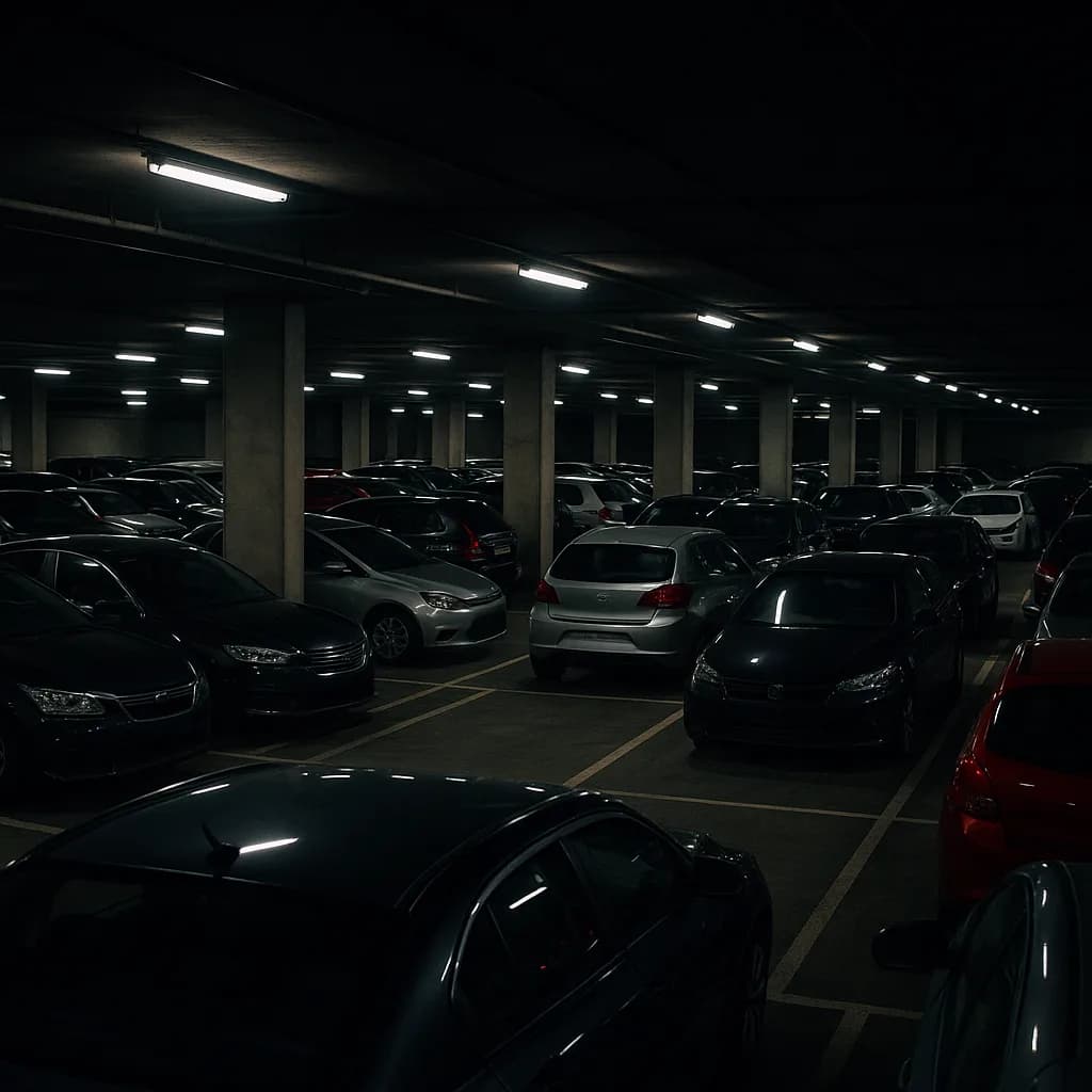 Underground parking garage with cars parked under fluorescent lights in a dark concrete structure