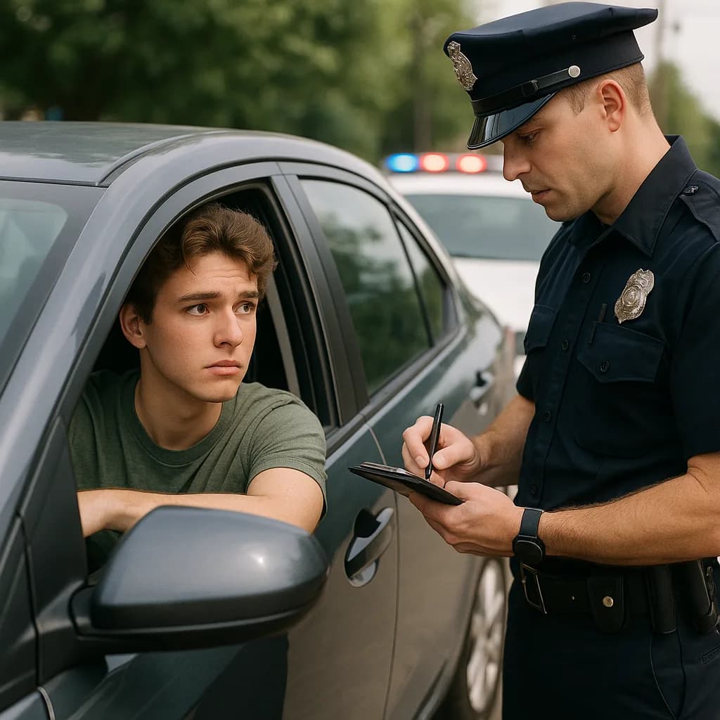 Police officer writing ticket during traffic stop while speaking to young driver in car