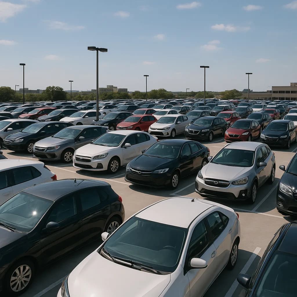 Crowded parking lot filled with cars and light poles, commercial buildings in background