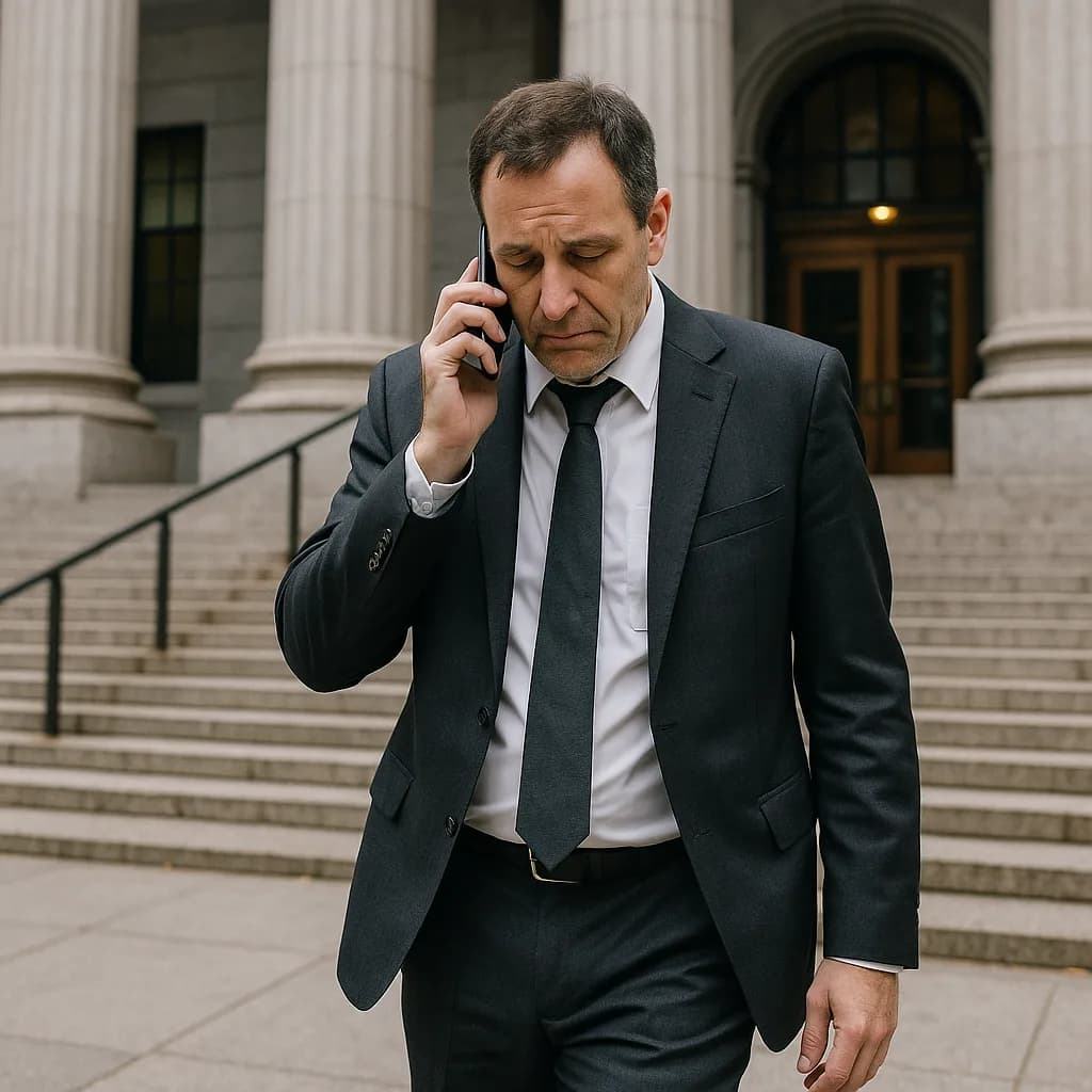 Businessman in suit talking on phone outside courthouse with classical columns