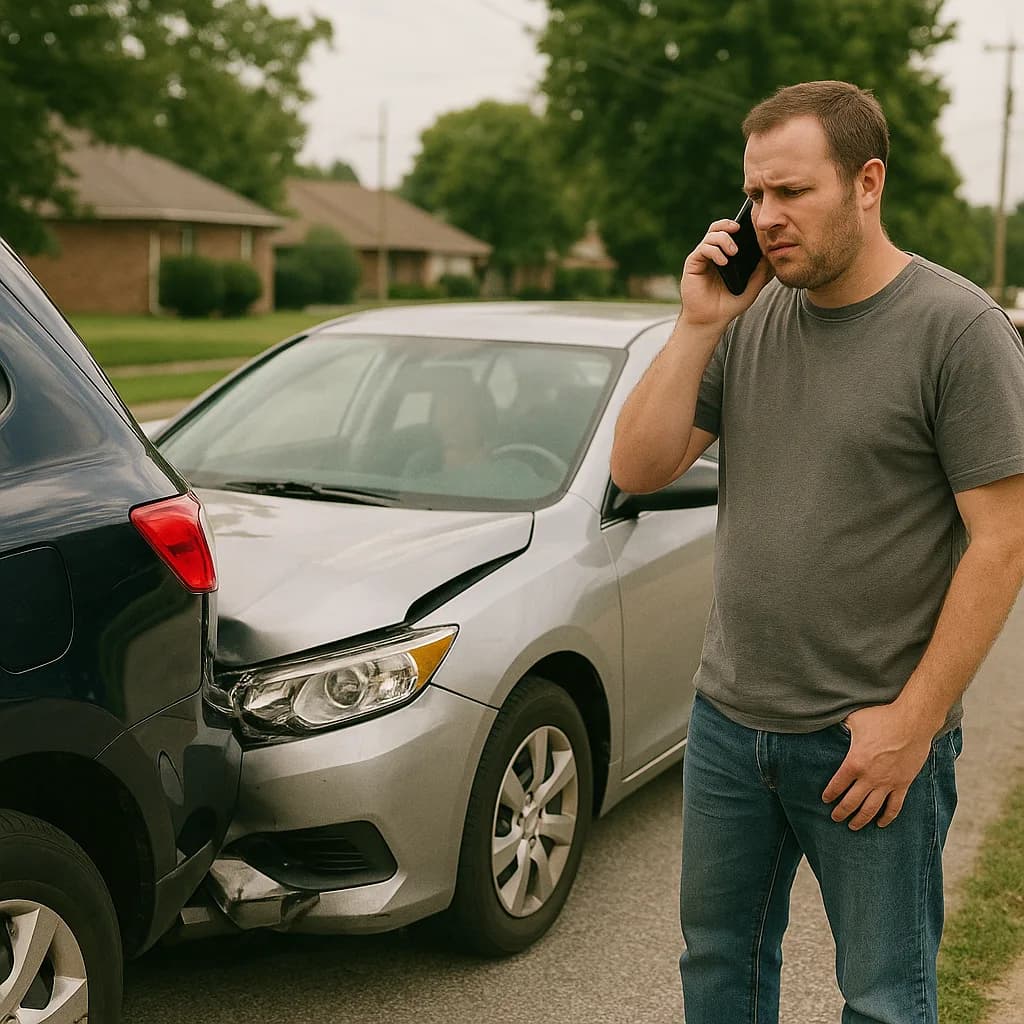 Man on phone next to damaged cars after minor traffic accident in residential area